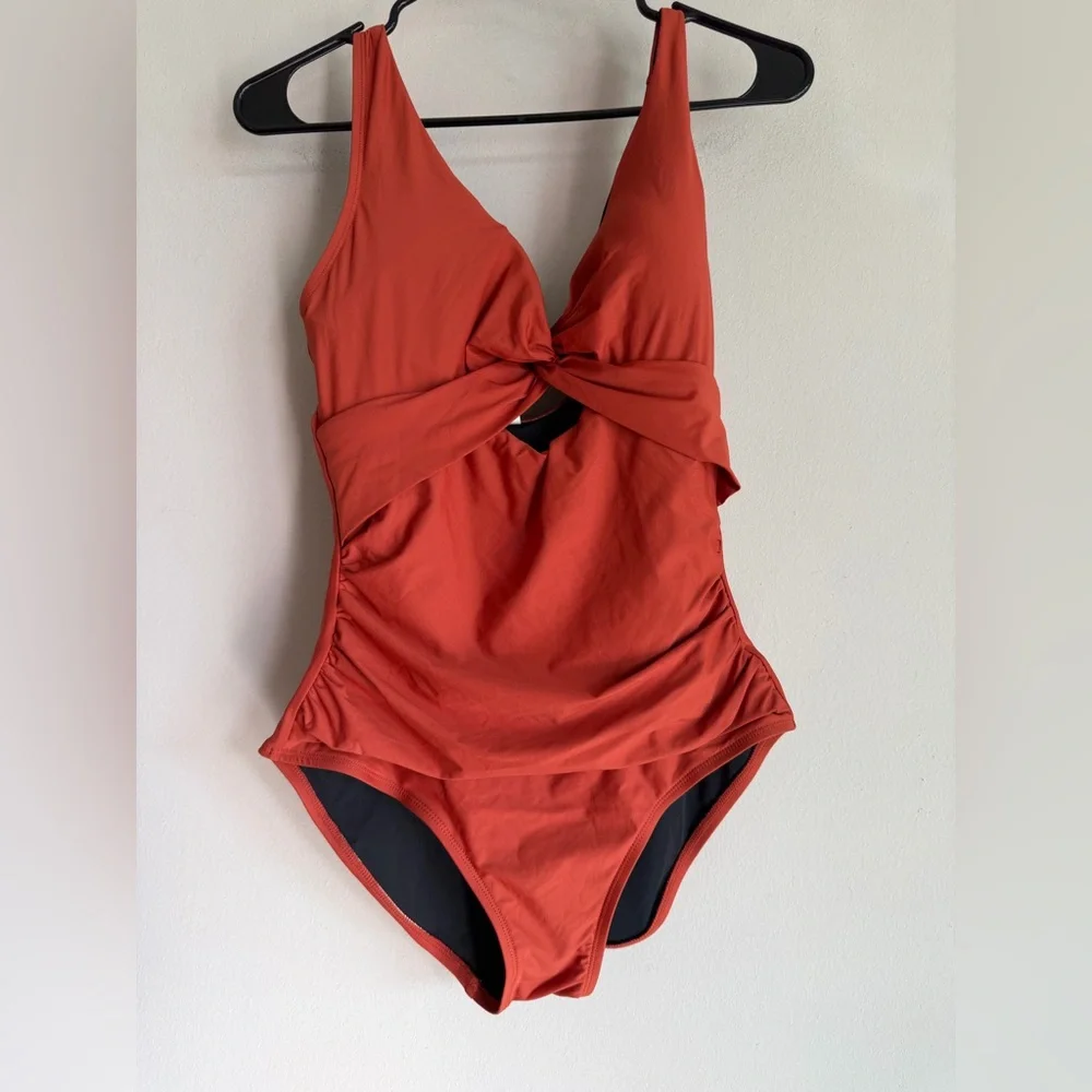 DKNY Womens Twist Front Keyhole One Piece Swimsuit Rust Orange Medium - Picture 2 of 6